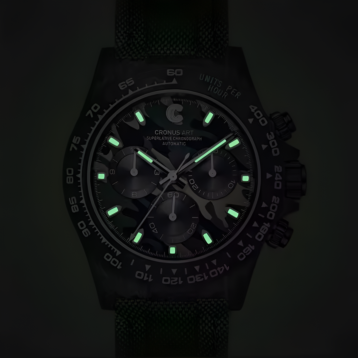 Cronusart CM016-037 - Lightweight carbon fiber automatic chronograph watch with luminous hands and stealth numberless dial in low light