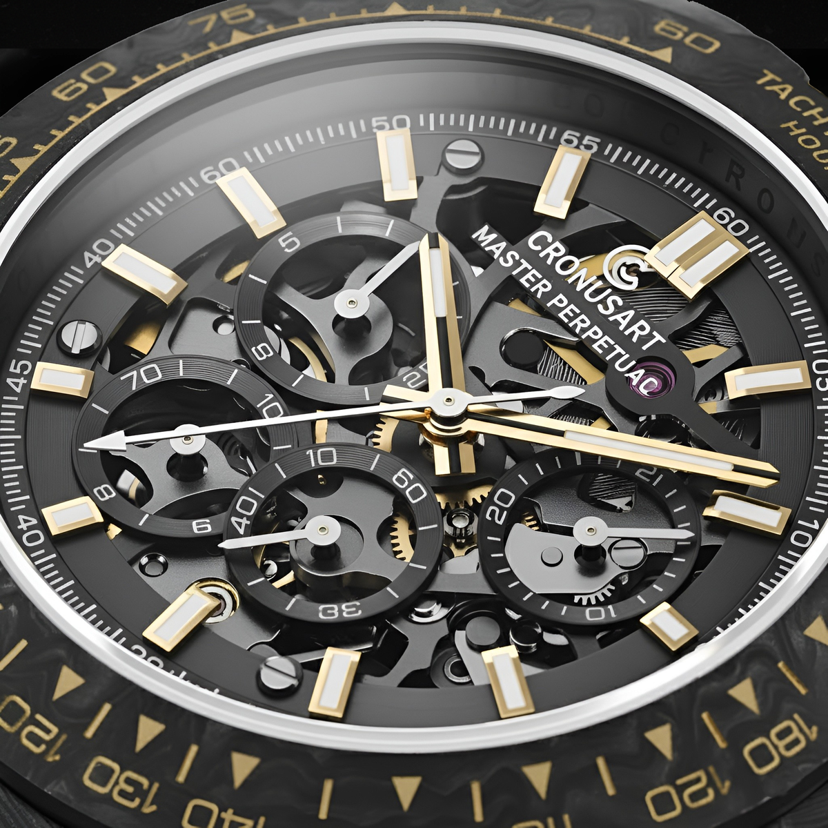 CRONUSART CM016-027 - Men’s Automatic Watch - Close up of sapphire mirror dial on CRONUSART men’s automatic chronograph watch