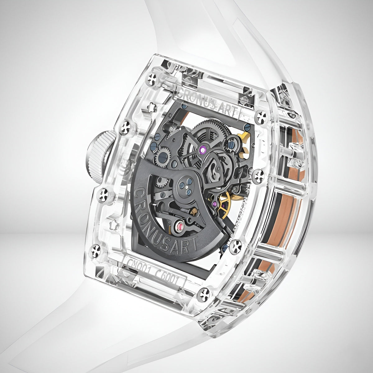 Rear view of CRONUSART CM001-001 men automatic skeleton watch revealing mechanical movement through transparent case