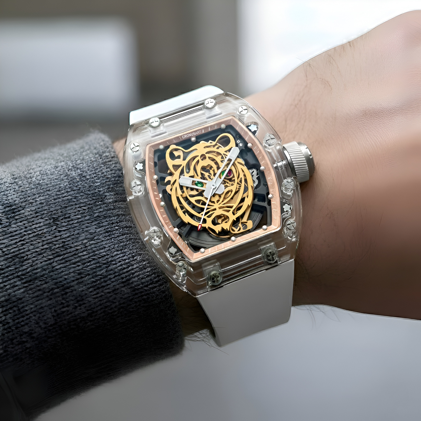 CRONUSART CM001-001 men automatic skeleton watch worn on wrist showing oversized 50mm tonneau design