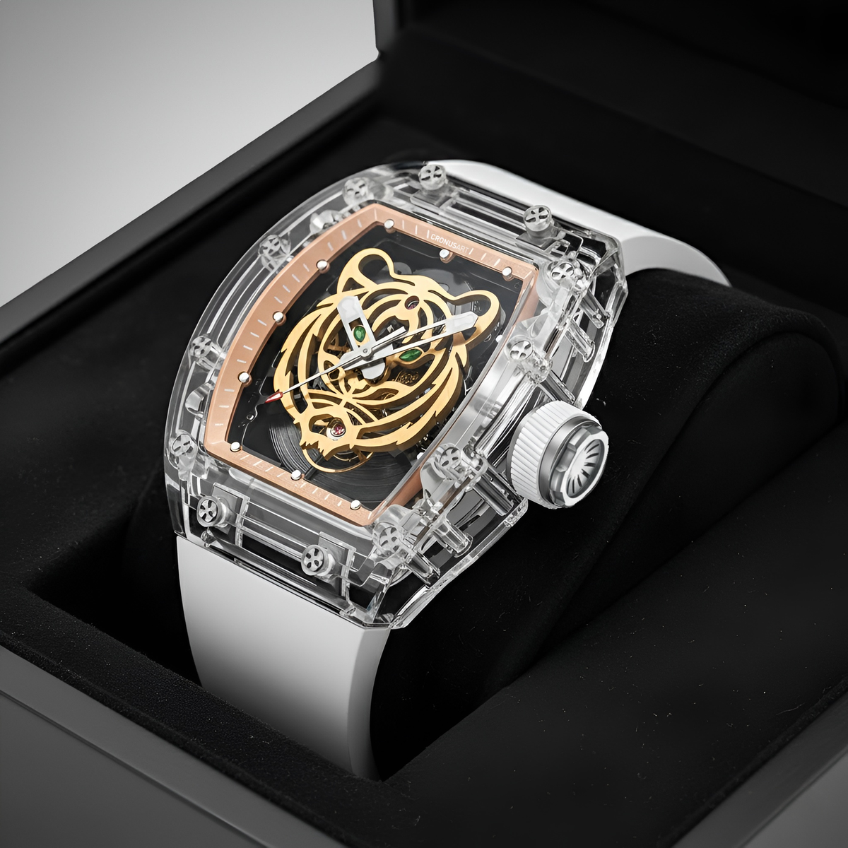 CRONUSART CM001-001 men automatic skeleton watch displayed inside presentation box