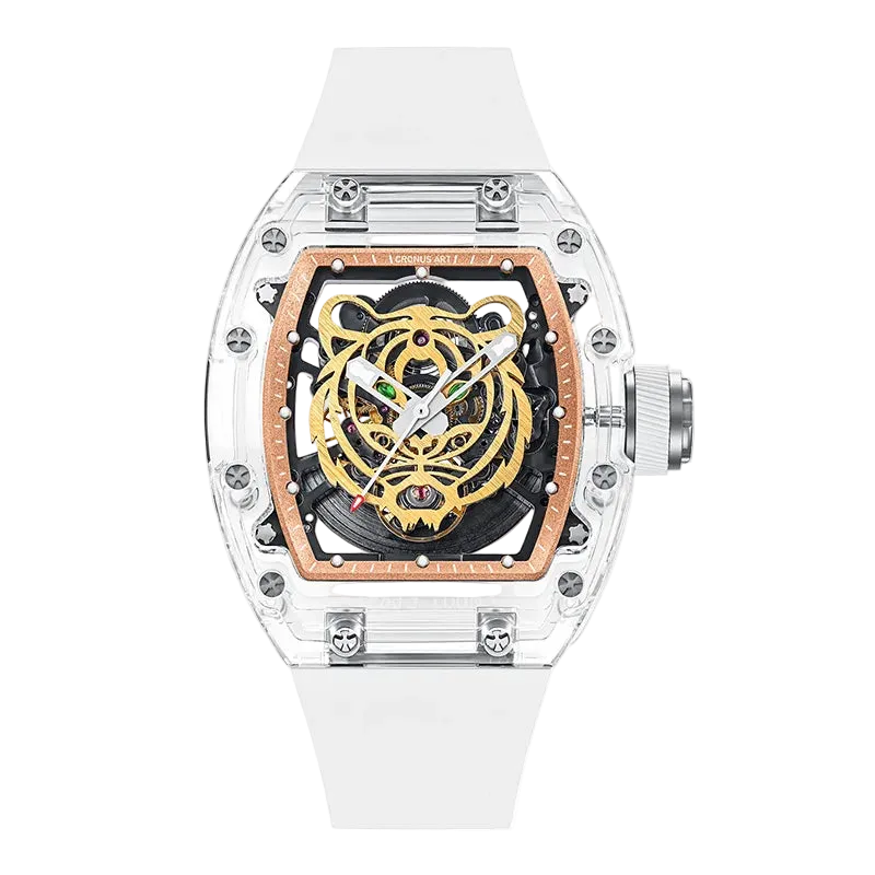 Front view of CRONUSART CM001-001 men automatic watch with luminous tiger skeleton dial and transparent tonneau case