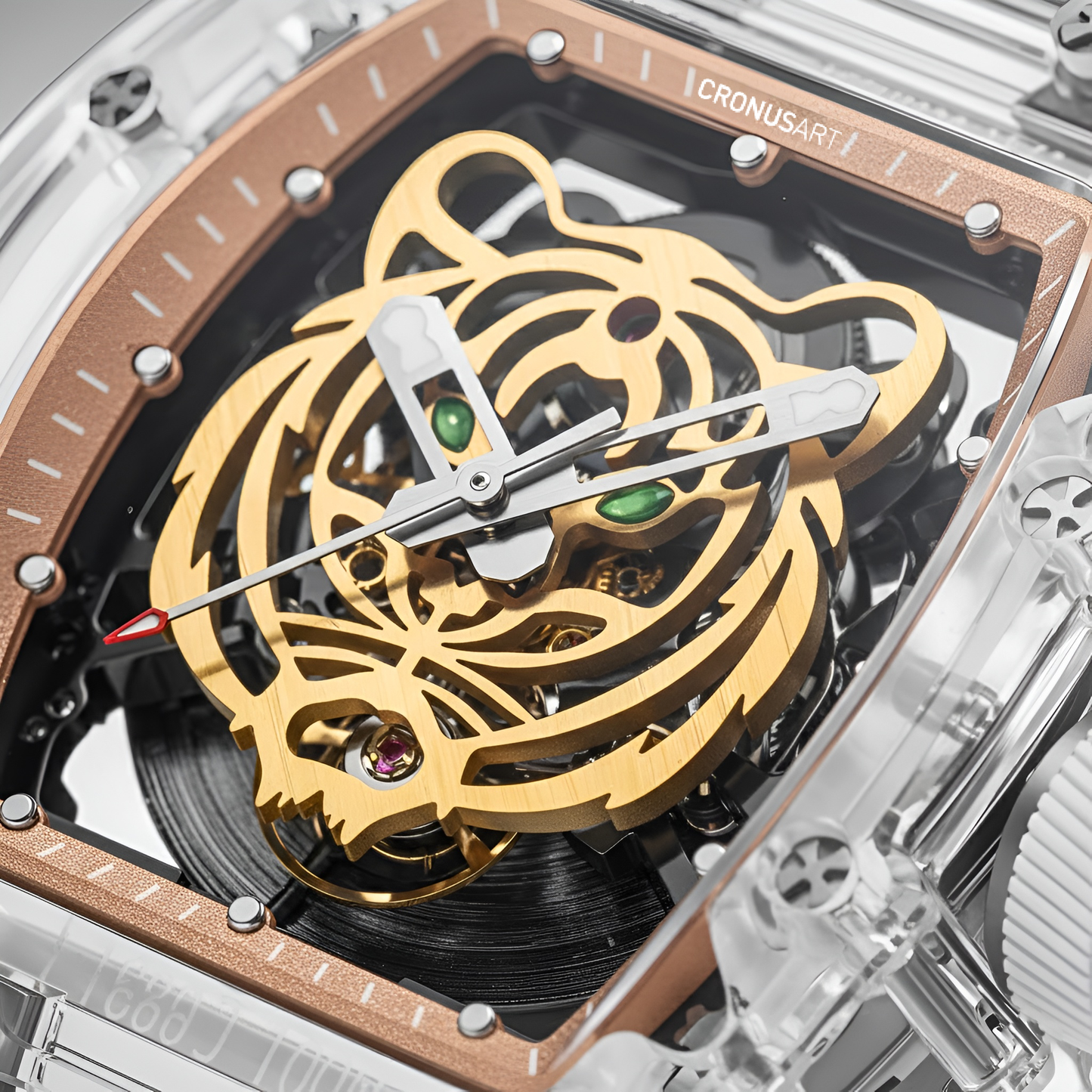 Macro close-up of luminous tiger skeleton dial on CRONUSART CM001-001 automatic mechanical watch