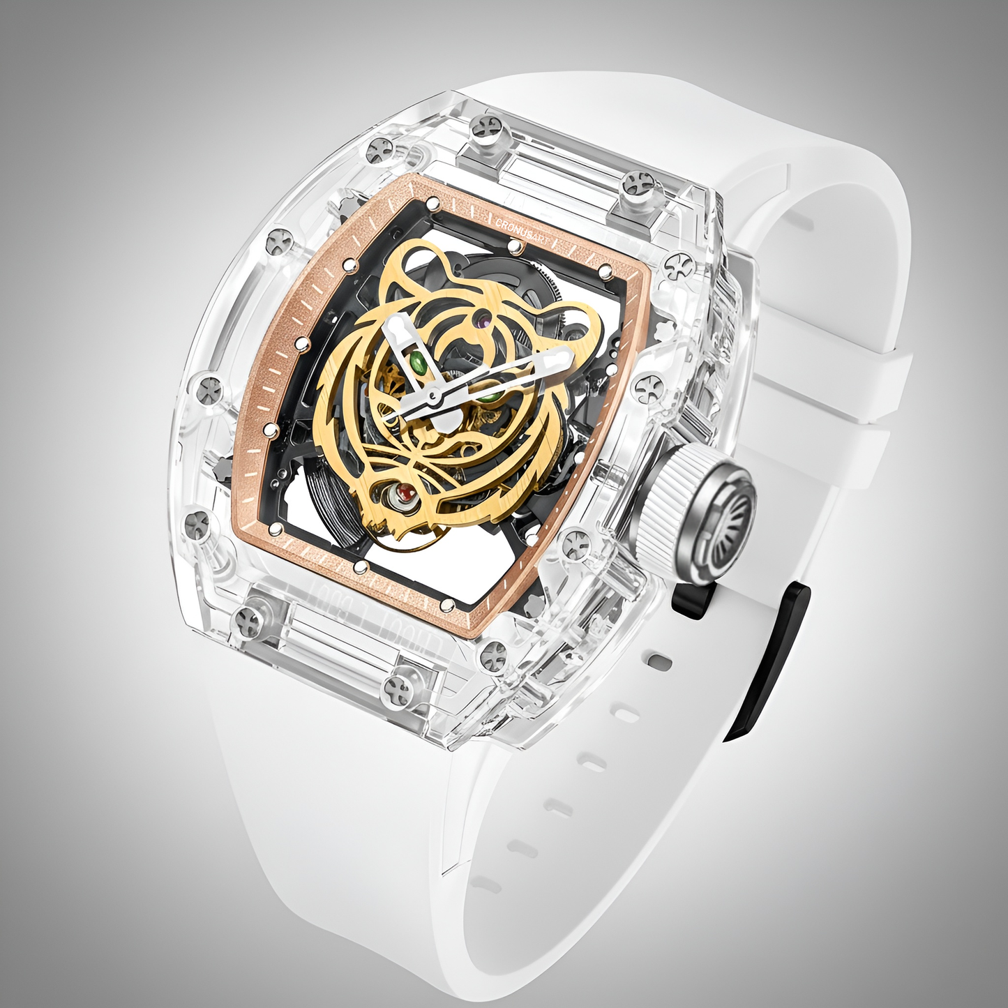 Angled view of CRONUSART CM001-001 men automatic watch highlighting tiger dial and skeleton mechanical architecture