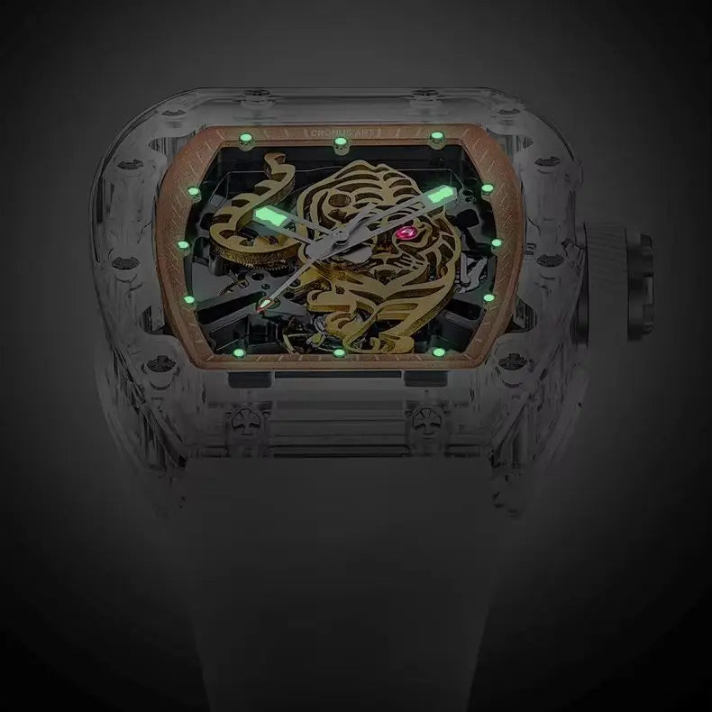 Low-light luminous view of tiger dial on CRONUSART CM001-002 automatic skeleton watch