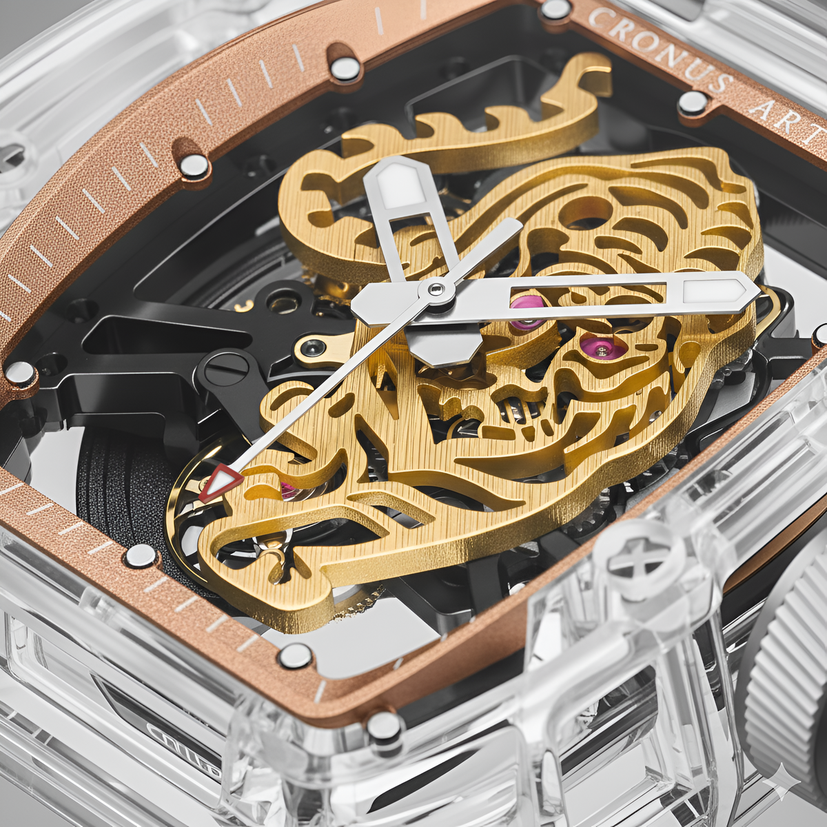 Macro close-up of tiger skeleton dial revealing automatic mechanical movement in CRONUSART CM001-002 watch