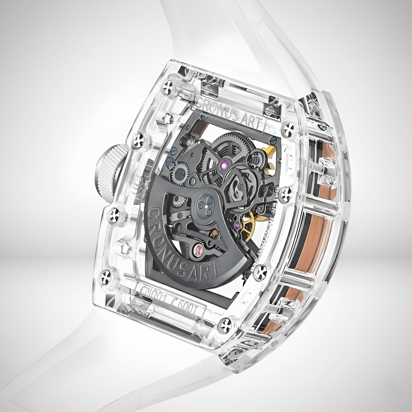 Rear view of CRONUSART CM001-002 skeleton watch revealing automatic mechanical movement through transparent case