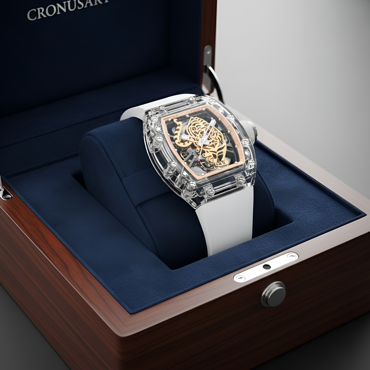 CRONUSART CM001-002 men’s automatic skeleton tiger watch displayed inside presentation box