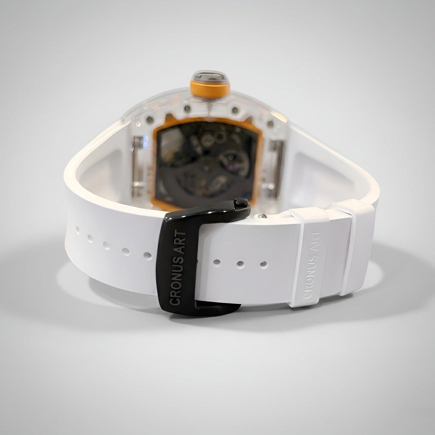 Rear view of CRONUSART CM001-035 transparent automatic watch revealing mechanical movement