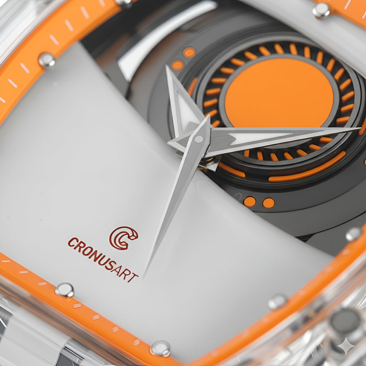 Macro close-up of Mars Eye dial on CRONUSART CM001-035 transparent automatic mechanical watch