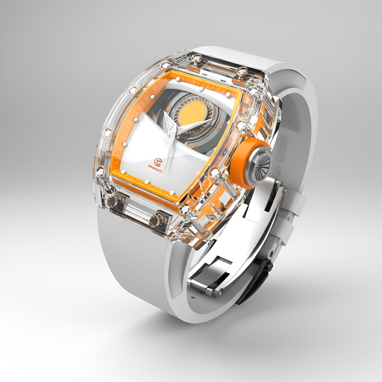 Angled view of CRONUSART CM001-035 transparent automatic watch highlighting Mars Eye dial and tonneau shape
