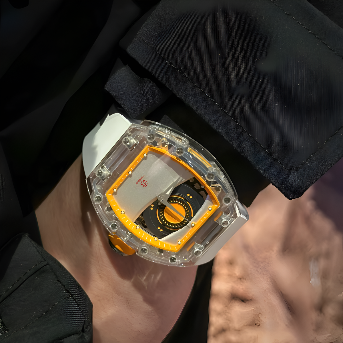 CRONUSART CM001-035 transparent automatic watch worn on wrist showing Mars Eye dial and clear case