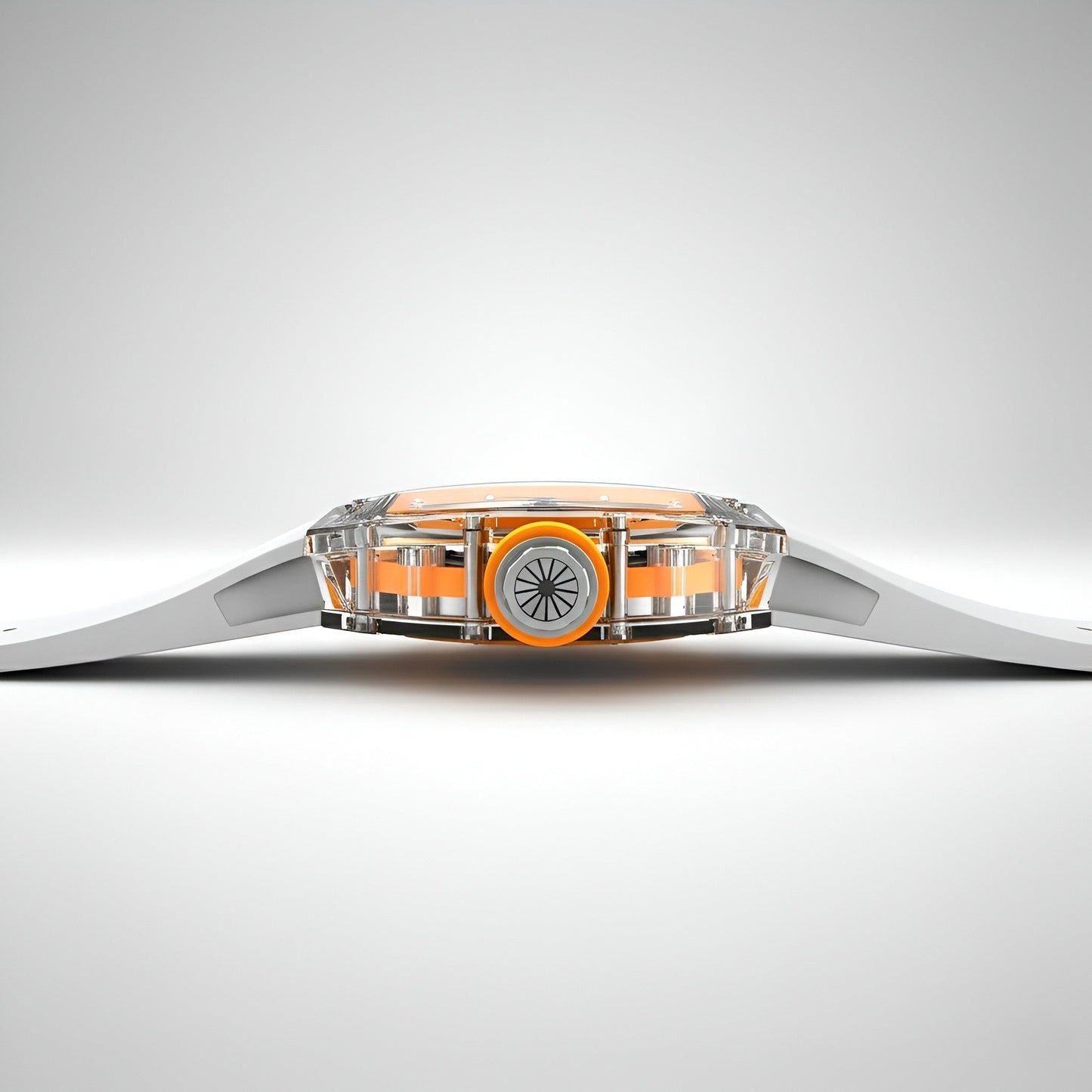 Side profile of CRONUSART CM001-035 transparent automatic watch showing acrylic case and crown