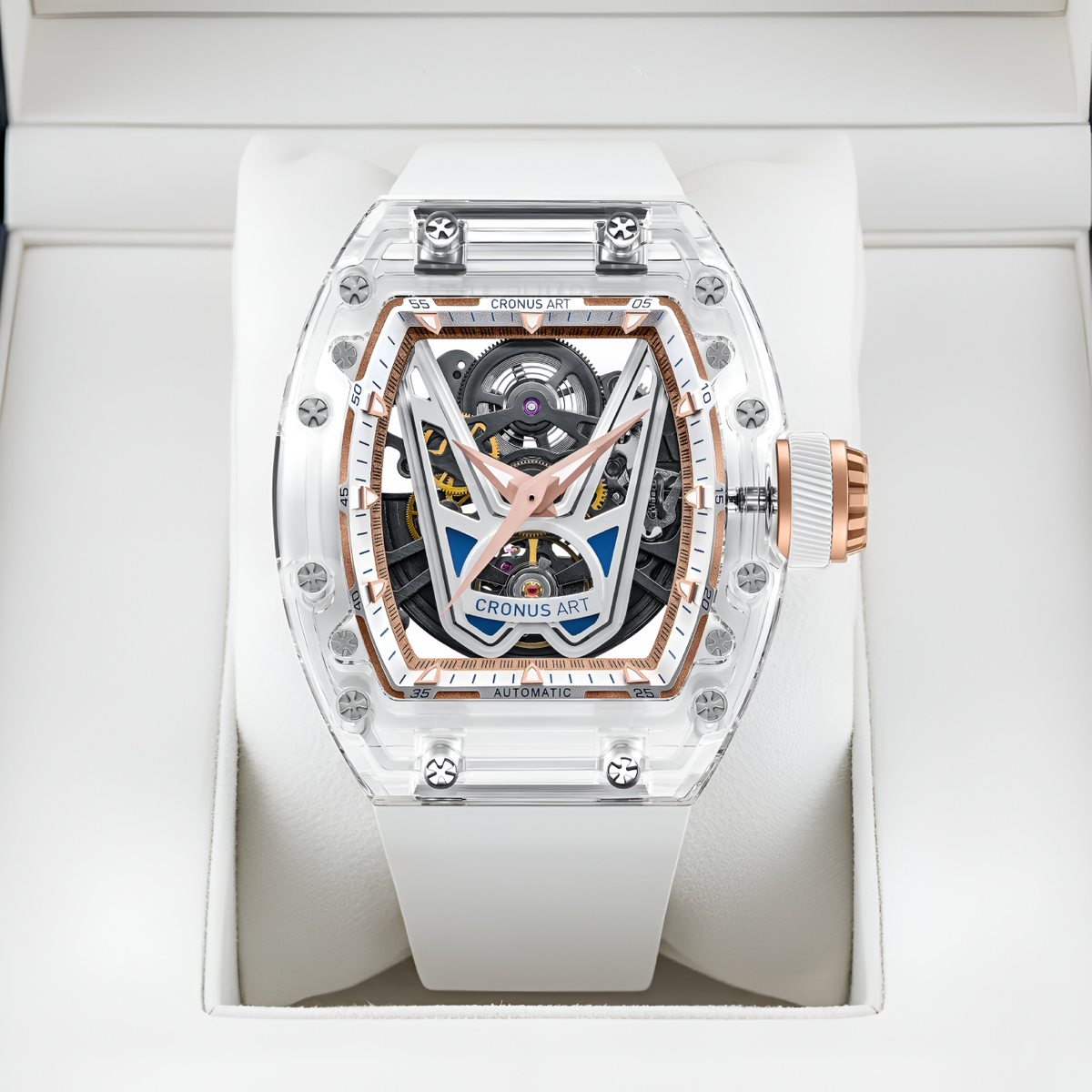 CRONUSART CM001-037 automatic skeleton mechanical watch displayed in its presentation box with transparent case