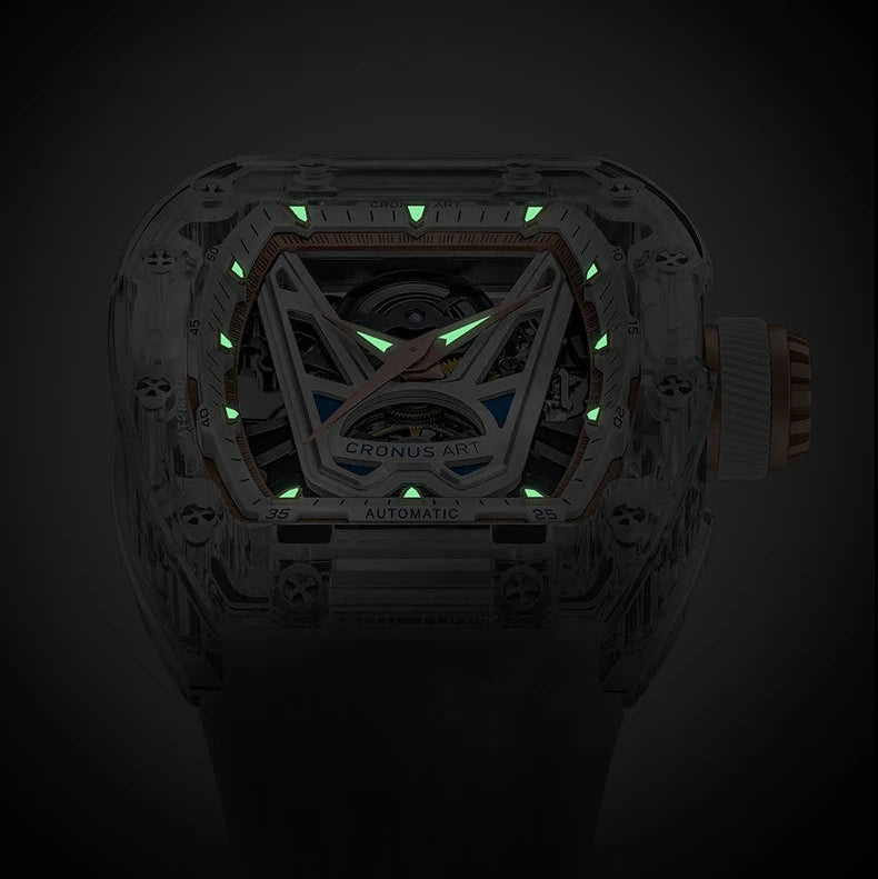 Low-light view of the CRONUSART CM001-037 skeleton dial showing luminous hands and markers