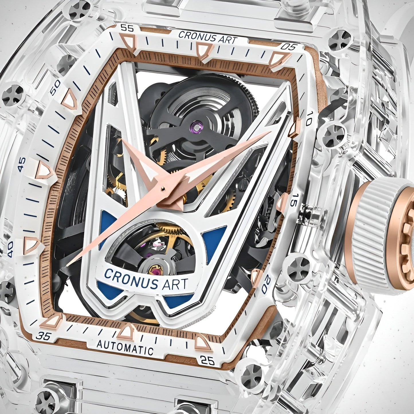 Macro close-up of the CRONUSART CM001-037 skeleton victory dial revealing gears, bridges, and mechanical architecture