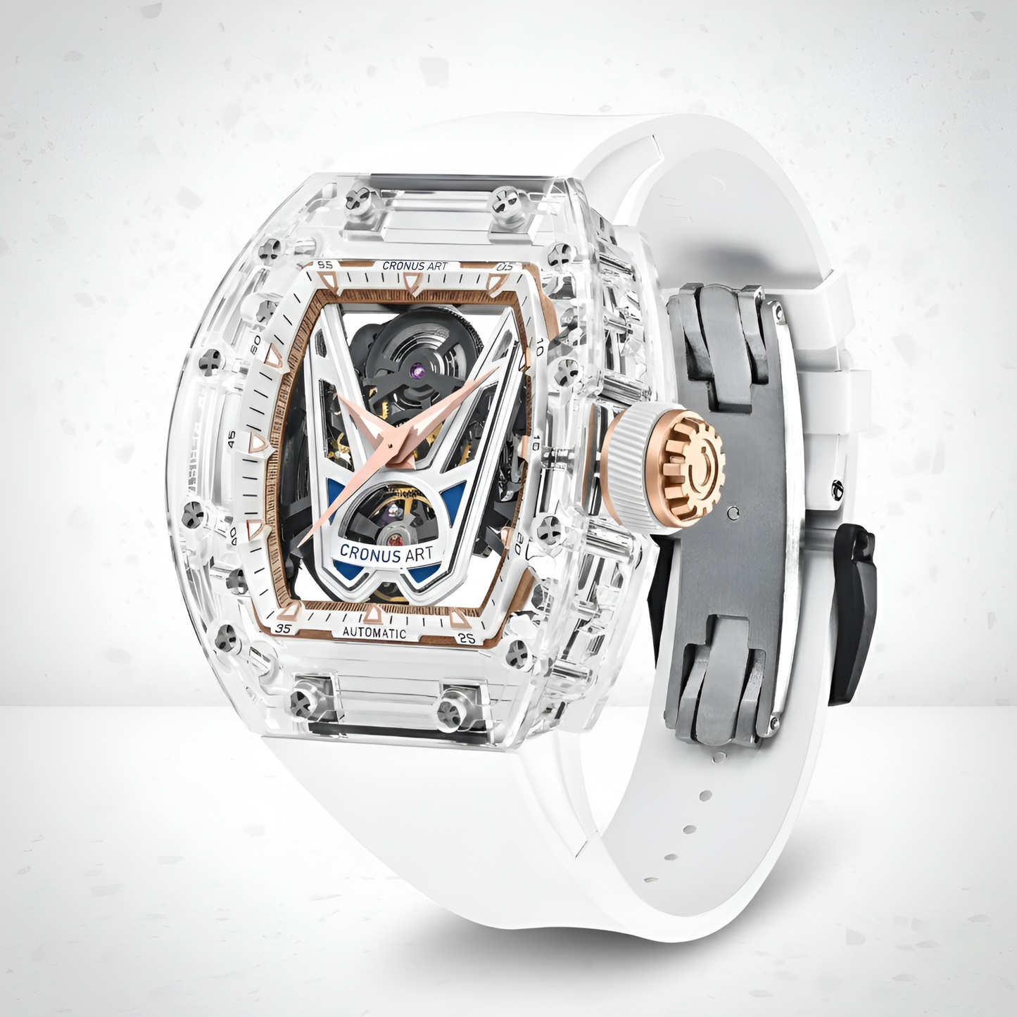 Angled view of the CRONUSART CM001-037 automatic skeleton mechanical watch highlighting transparent case and fluororubber strap