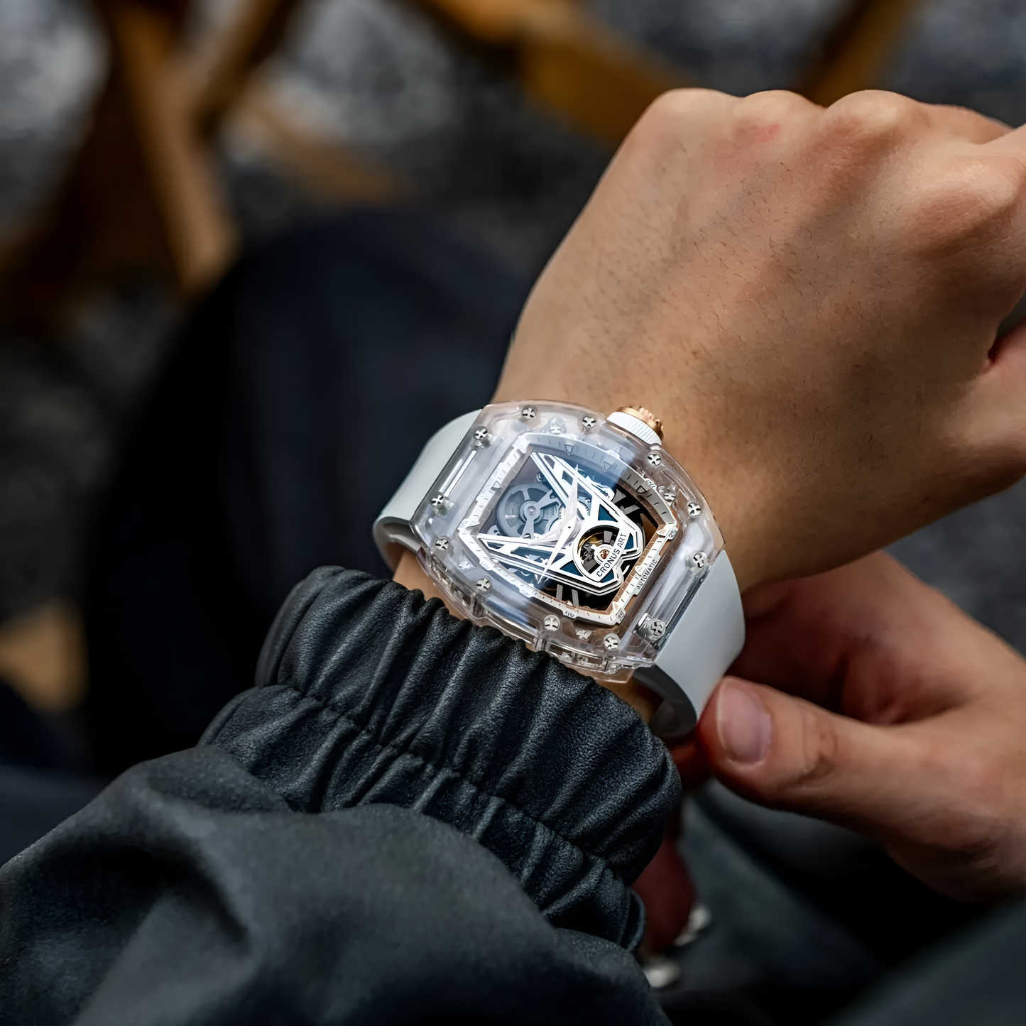 CRONUSART CM001-037 automatic skeleton watch worn on the wrist showing transparent case and balanced 50mm presence