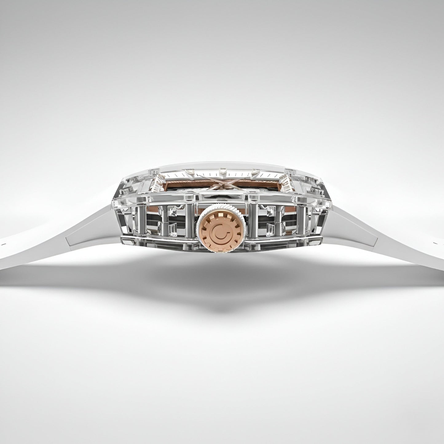 Side profile of the CRONUSART CM001-037 automatic mechanical watch showing transparent acrylic tonneau case thickness