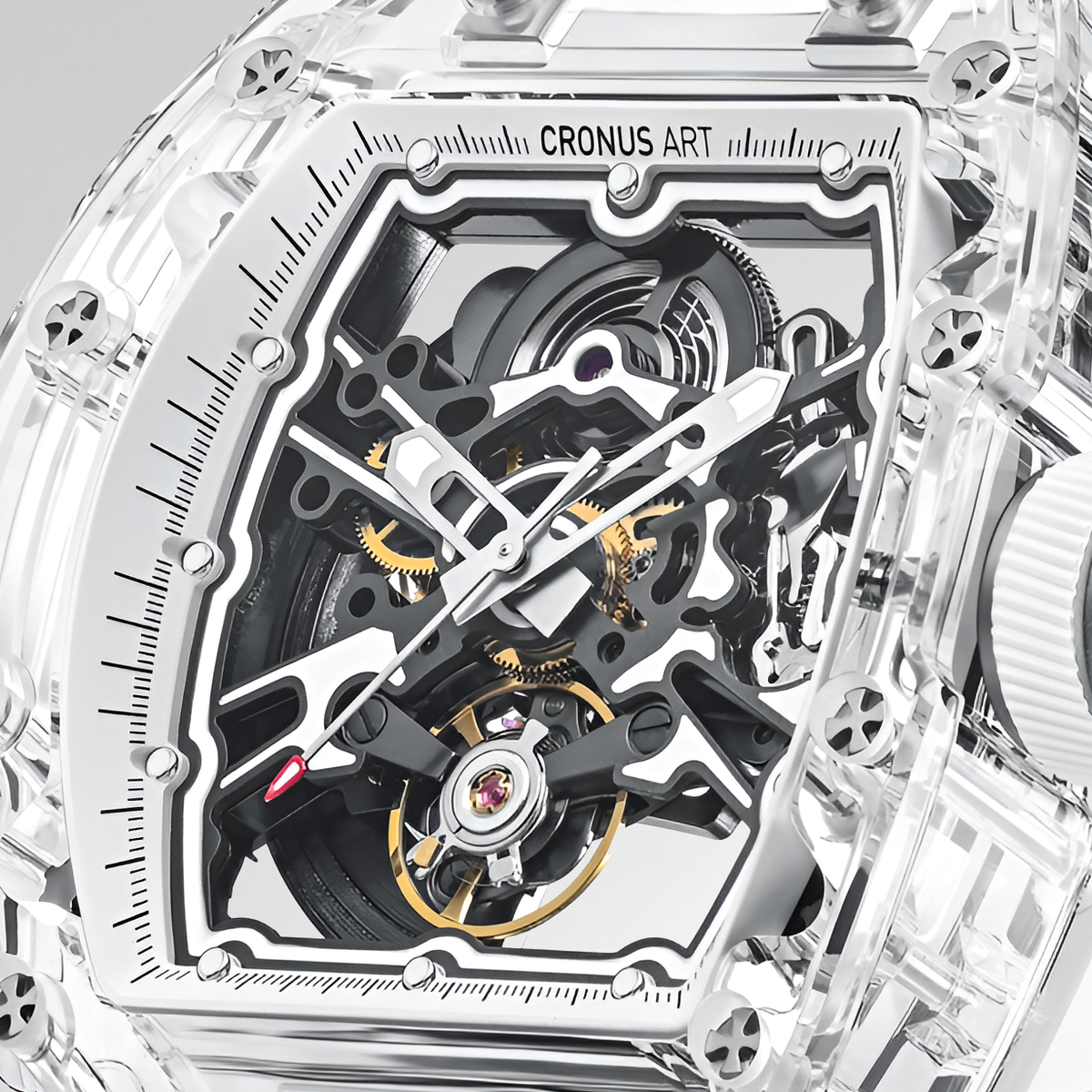 Close up of skeleton dial on Cronusart CM001-039 transparent automatic watch