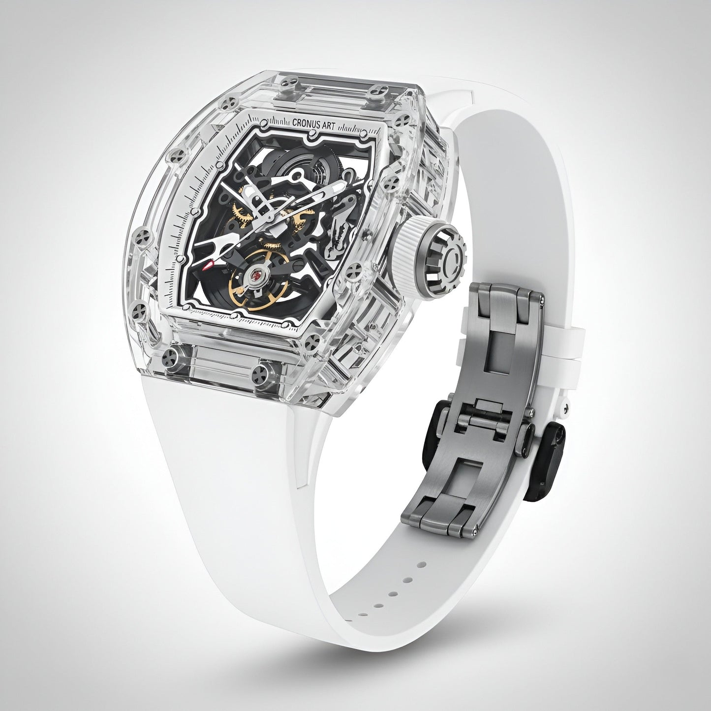Angled view of Cronusart CM001-039 transparent automatic skeleton watch