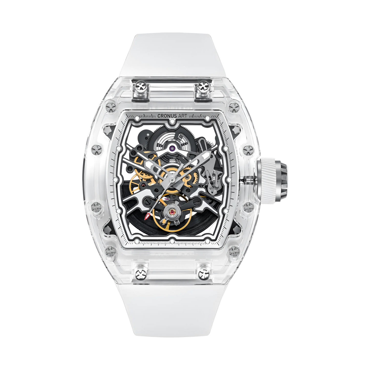 Cronusart CM001-039 - Transparent automatic skeleton watch with clear acrylic tonneau case and white strap