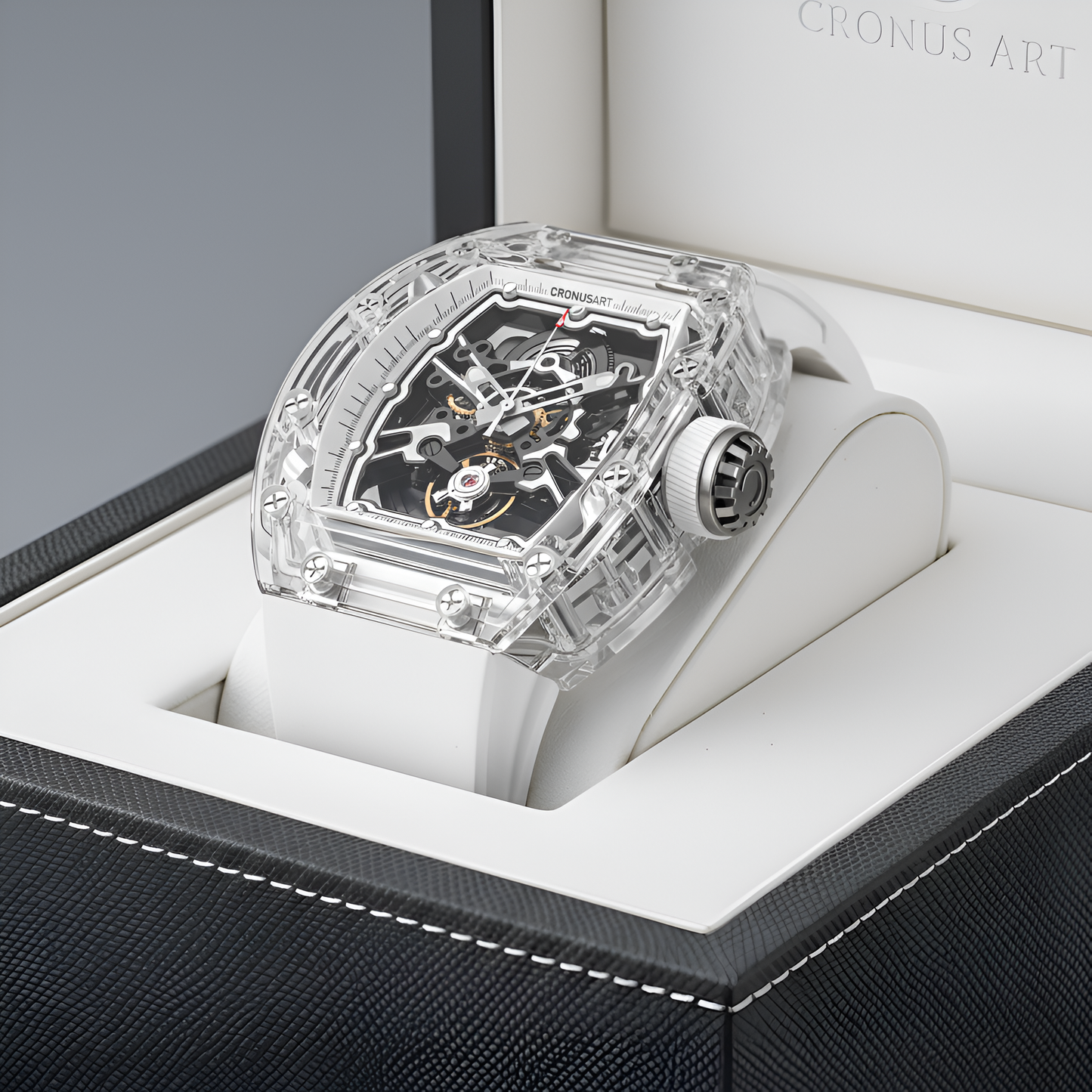 Cronusart CM001-039 transparent automatic watch displayed in presentation box