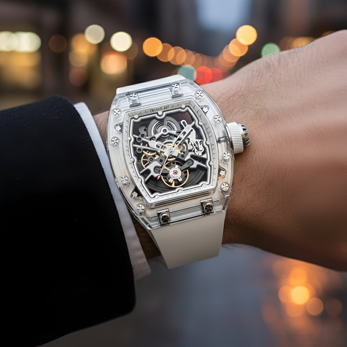 Transparent automatic watch Cronusart CM001-039 worn on wrist lifestyle scene