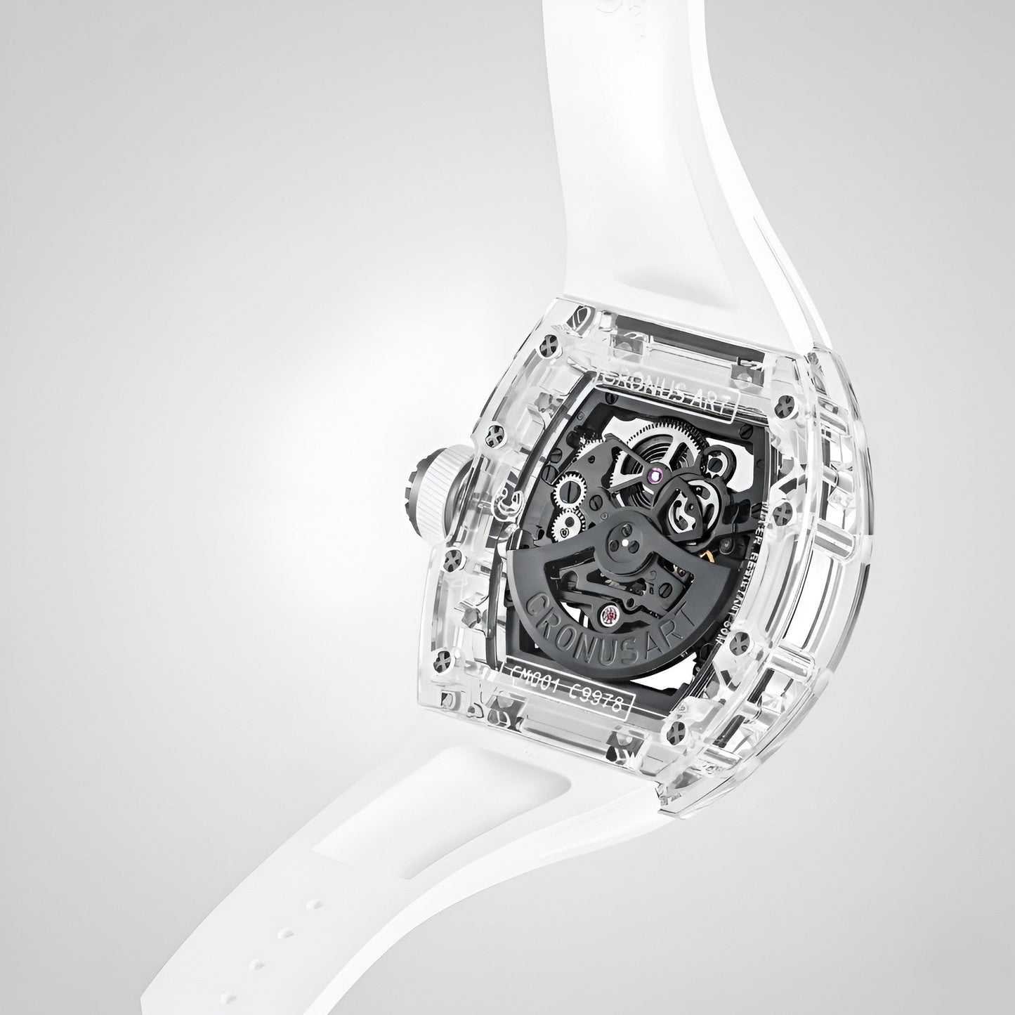 Rear view of Cronusart CM001-039 transparent automatic watch showing movement