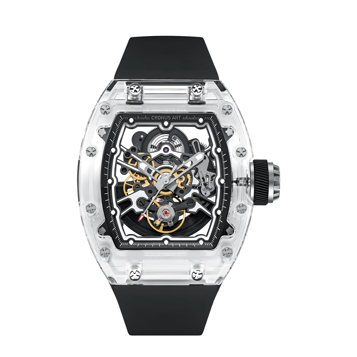 Cronusart CM001-053 - Transparent automatic skeleton watch with clear acrylic tonneau case and black fluororubber strap front view