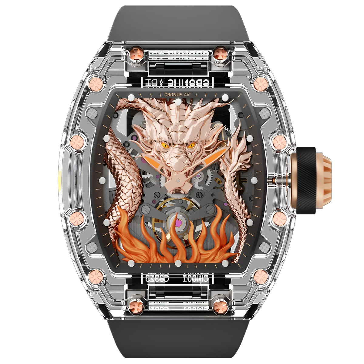 Cronusart CM001-058 - 3D dragon automatic watch with transparent case showing sculpted rose gold dragon and skeleton mechanical movement