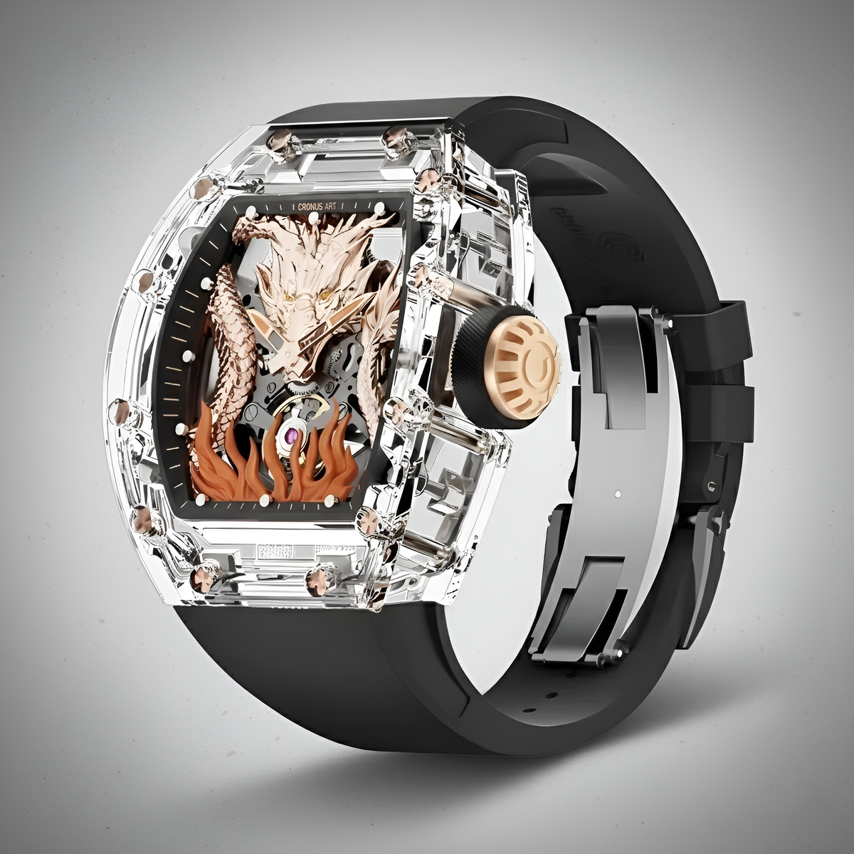 Angled view of the Cronusart CM001-058 3D dragon automatic watch highlighting the transparent case and dragon dial depth