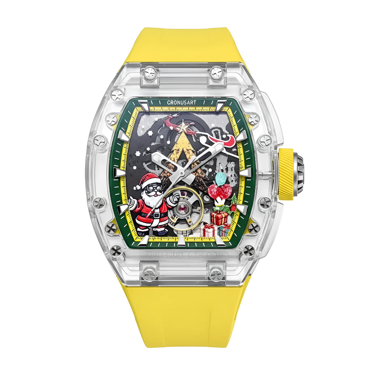 CRONUSART CM001-077 - Transparent Automatic Skeleton Watch with Christmas-themed dial, Santa Claus, gifts, and yellow Fluororubber strap
