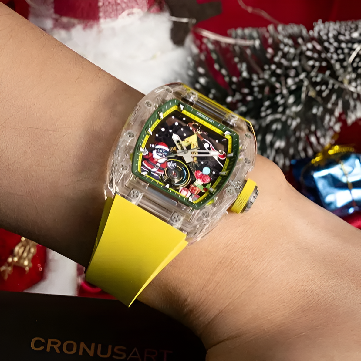 CRONUSART CM001-077 Transparent Automatic Skeleton Watch with Santa dial worn on wrist in Christmas setting
