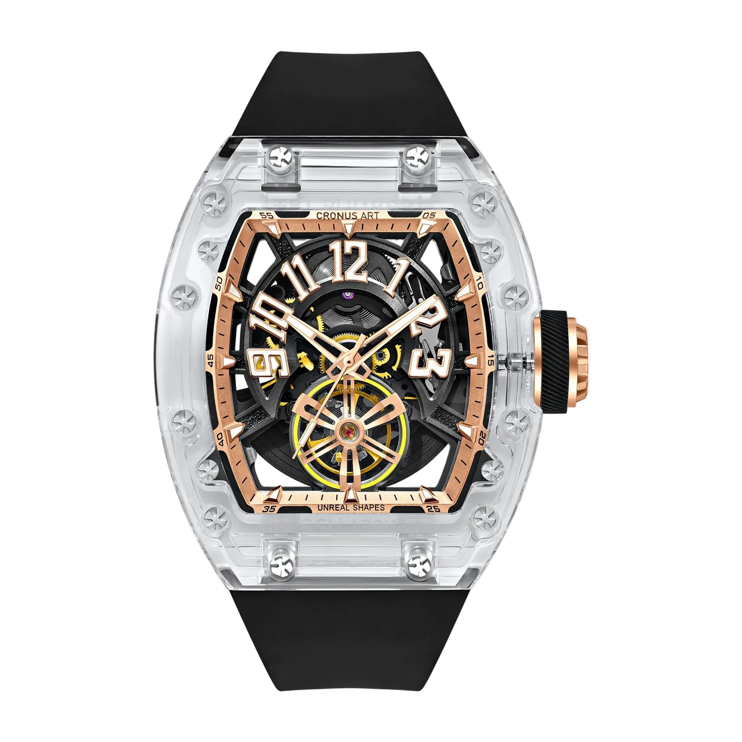Cronusart CM001-080 - Transparent automatic watch with black fluororubber strap and high transparency acrylic tonneau case