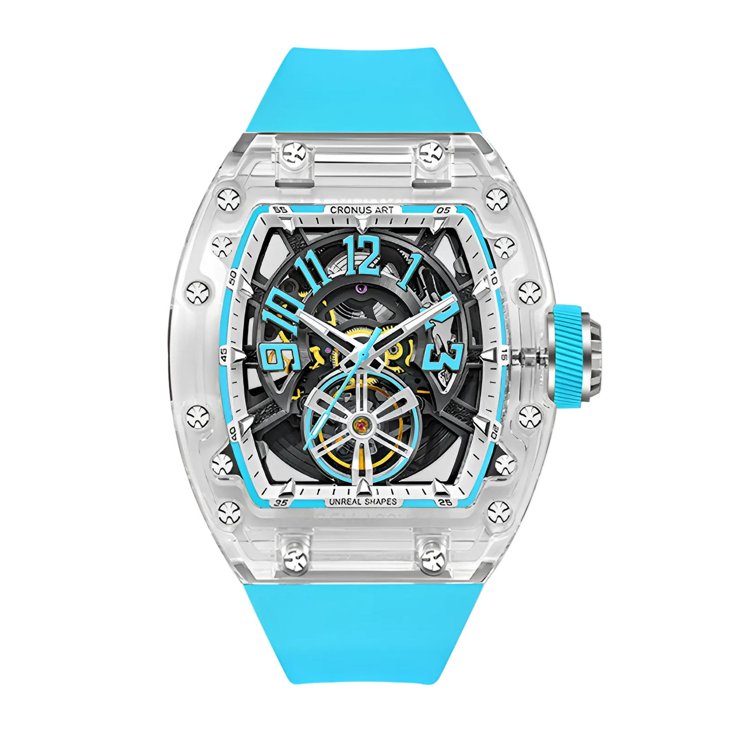 Cronusart CM001-081 - Transparent automatic watch with blue fluororubber strap showcasing acrylic tonneau case and skeleton movement
