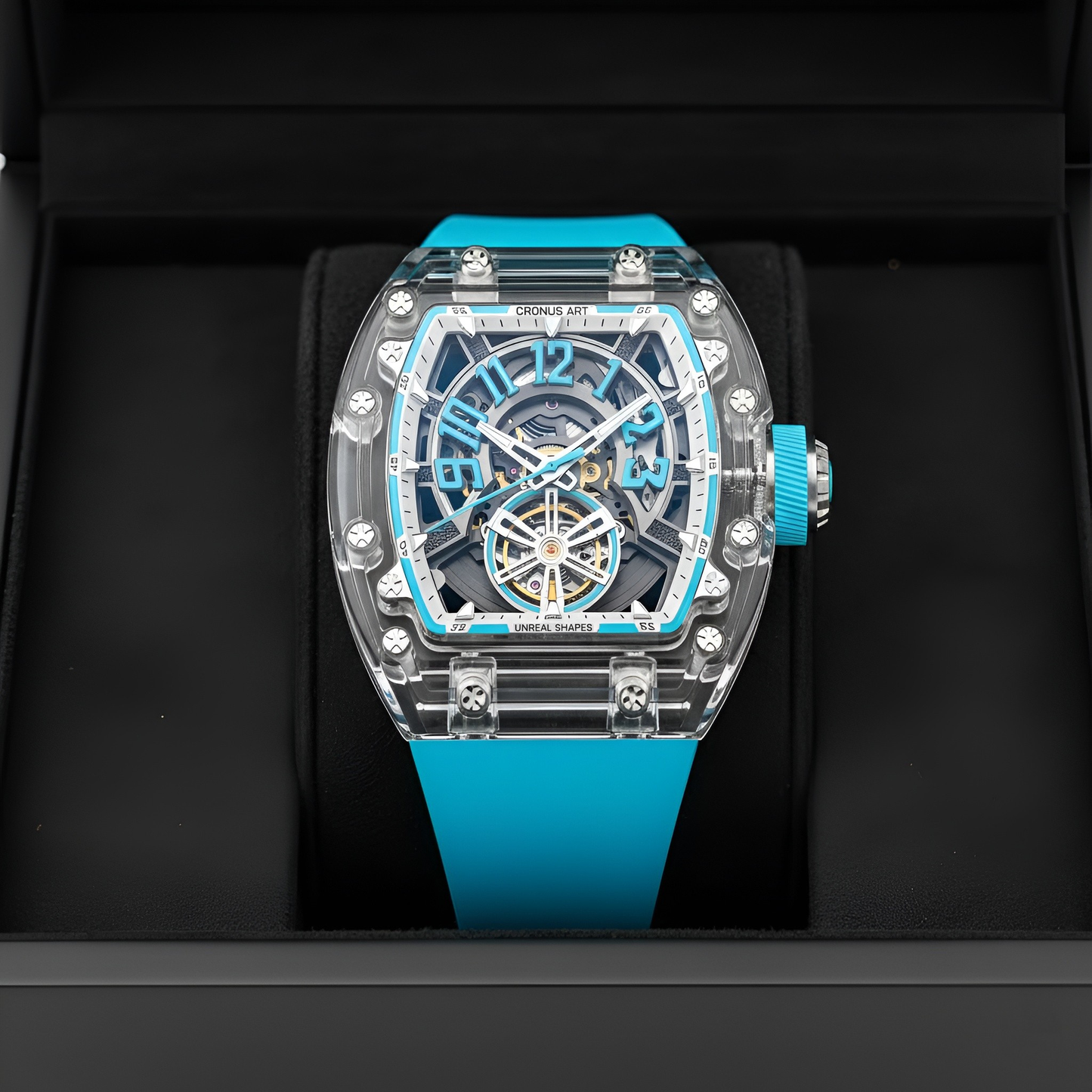 Cronusart CM001-081 Transparent Automatic Watch - Luxury watch in the box with blue strap and transparent case on a black background