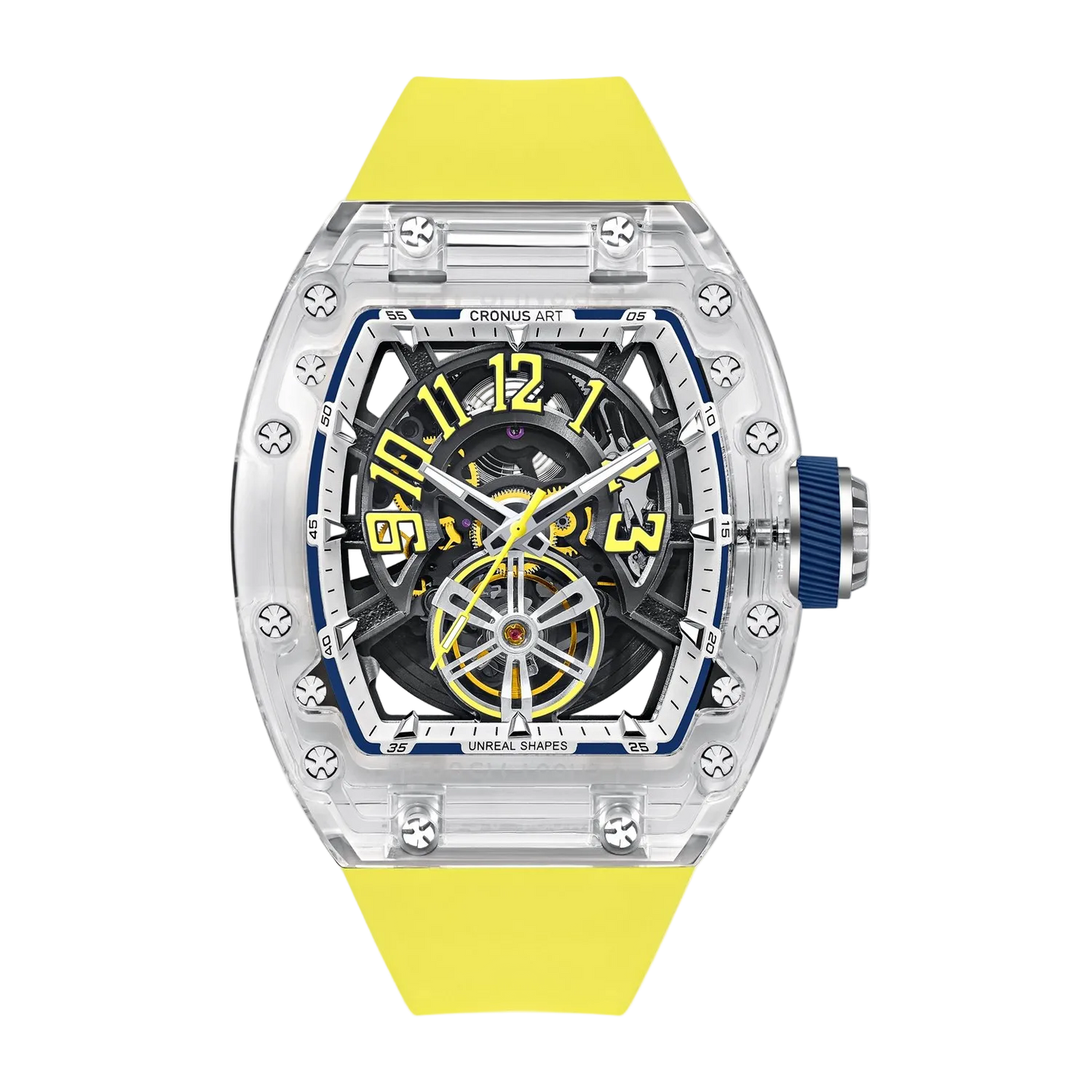 Cronusart CM001-082 - Transparent automatic tonneau watch with yellow fluororubber strap and high clarity acrylic case front view