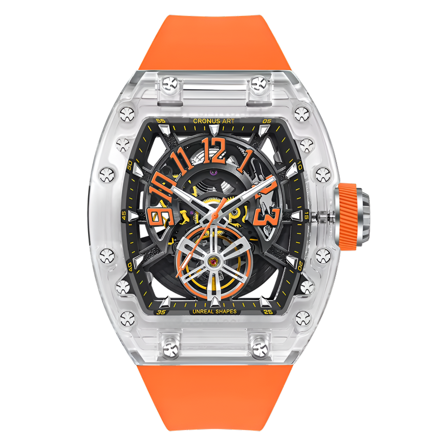 Cronusart CM001-083 - Transparent automatic tonneau watch with orange strap and luminous semi circular dial