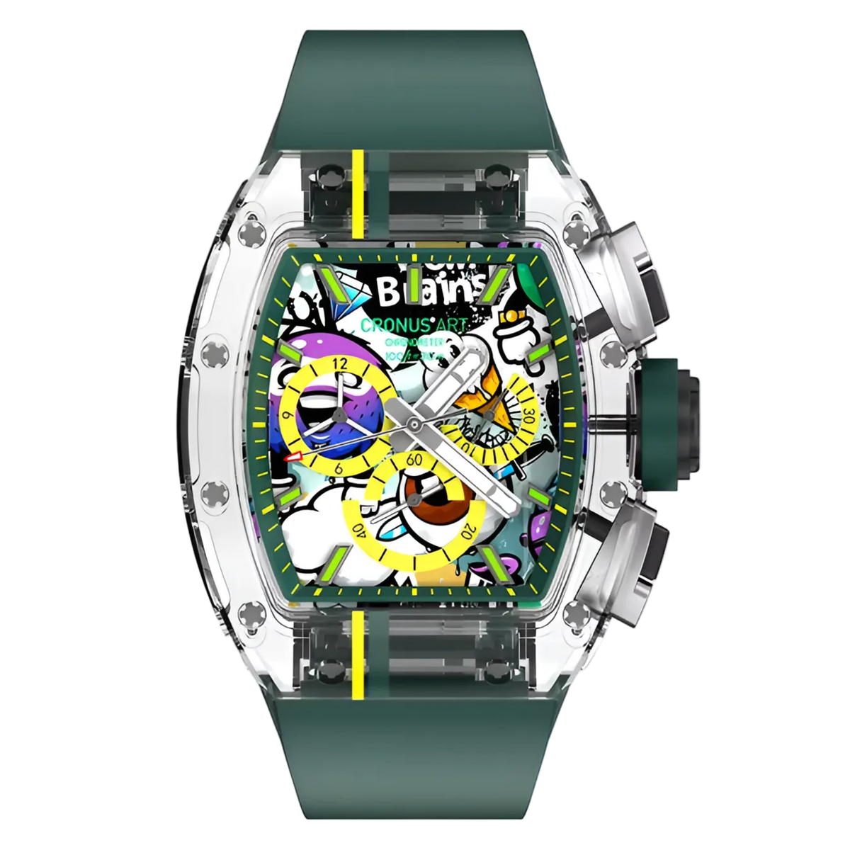 Cronusart CM001-10B - Sapphire chronograph watch with transparent case, graffiti skeleton dial, and green rubber strap, front view