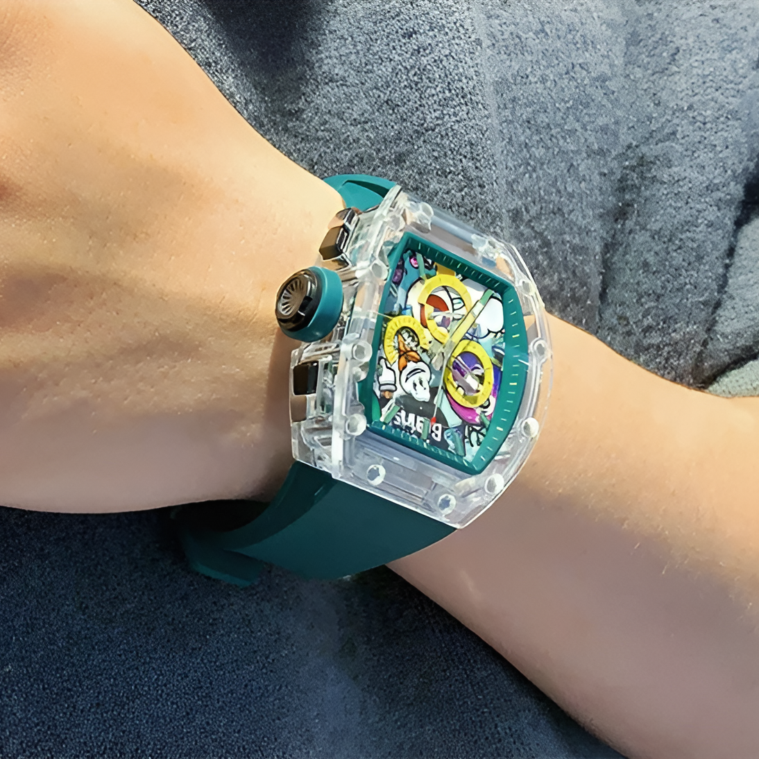 Cronusart CM001 10B - Sapphire chronograph watch worn on wrist with transparent case and green strap