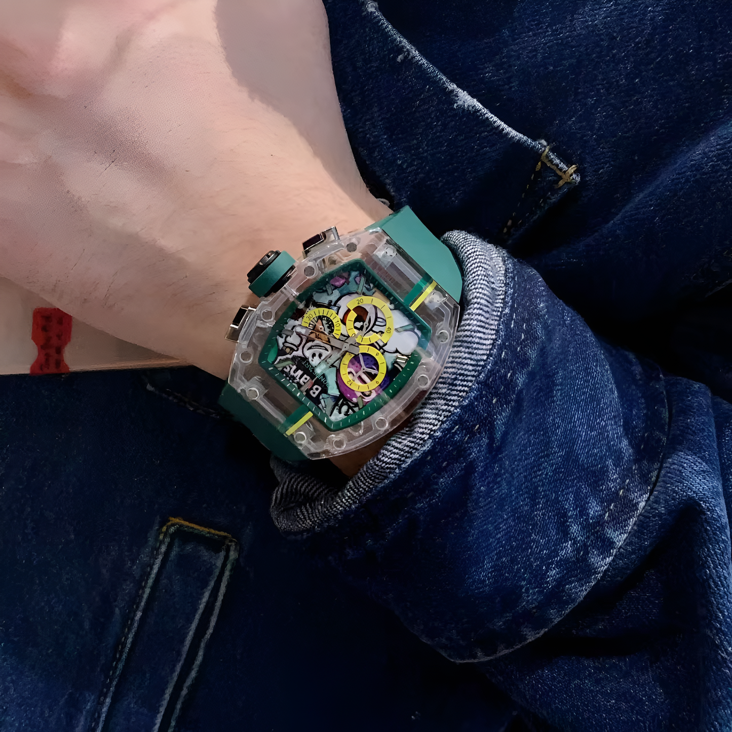 Cronusart CM001-10B - Transparent sapphire chronograph watch with green strap shown from angled wrist view