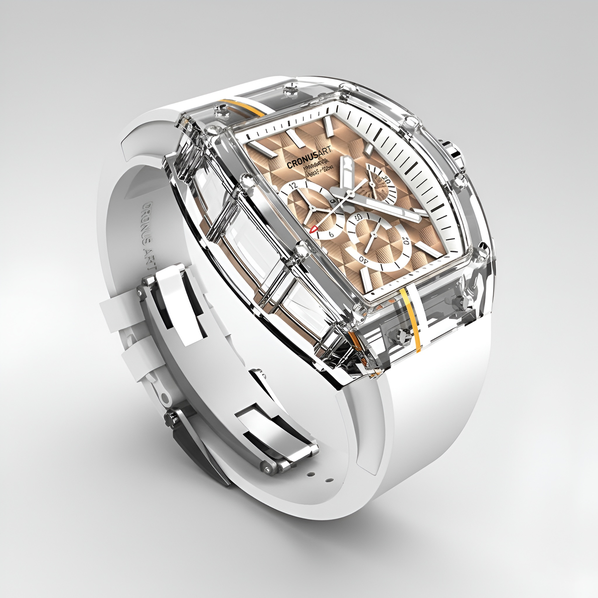 Cronusart CM001-10C Sapphire Chronograph Watch Angled view of Cronusart sapphire chronograph watch showing transparent tonneau case
