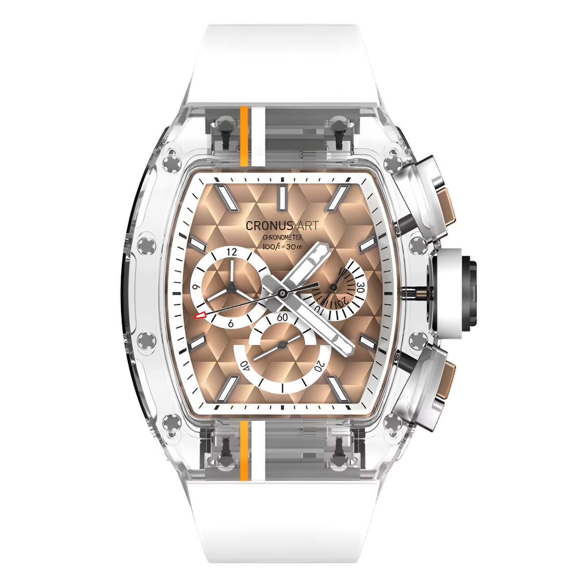 Cronusart CM001-10C - Sapphire chronograph watch with transparent case and gold geometric dial, front view