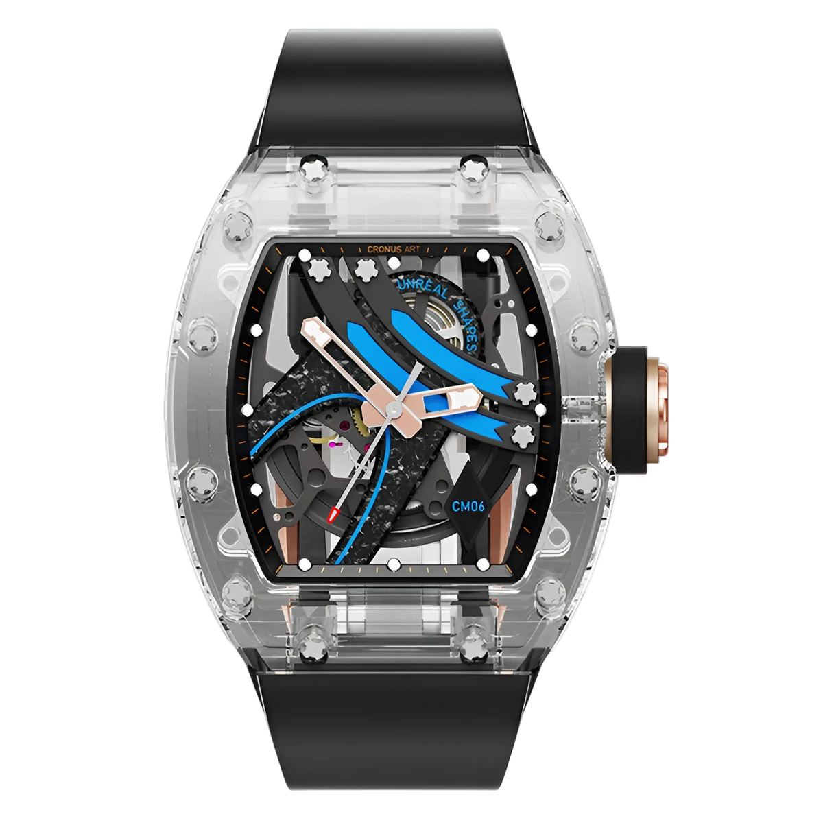 Cronusart CM001-16S - Transparent Automatic Watch Rainbow Edition with blue accents and skeleton movement, front view on black strap