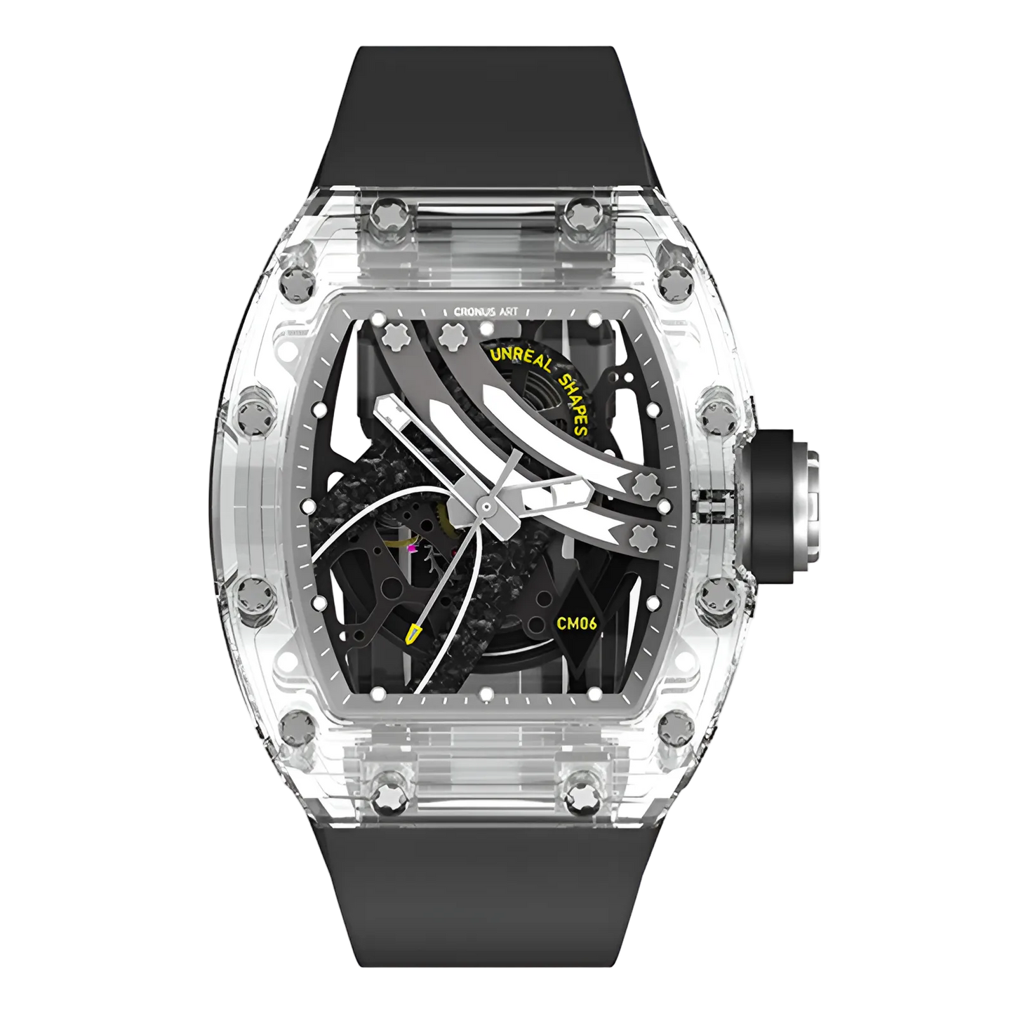Cronusart CM001-16S - Transparent Automatic Watch Rainbow Edition with monochrome skeleton dial, front view on black strap