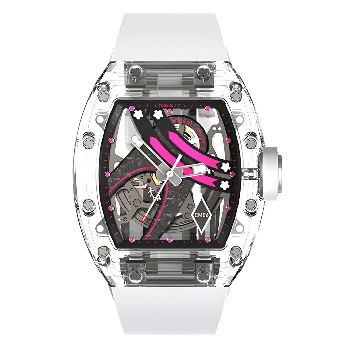 Cronusart CM001-16S - Transparent Automatic Watch Rainbow Edition with pink accents and skeleton dial, front view on white strap