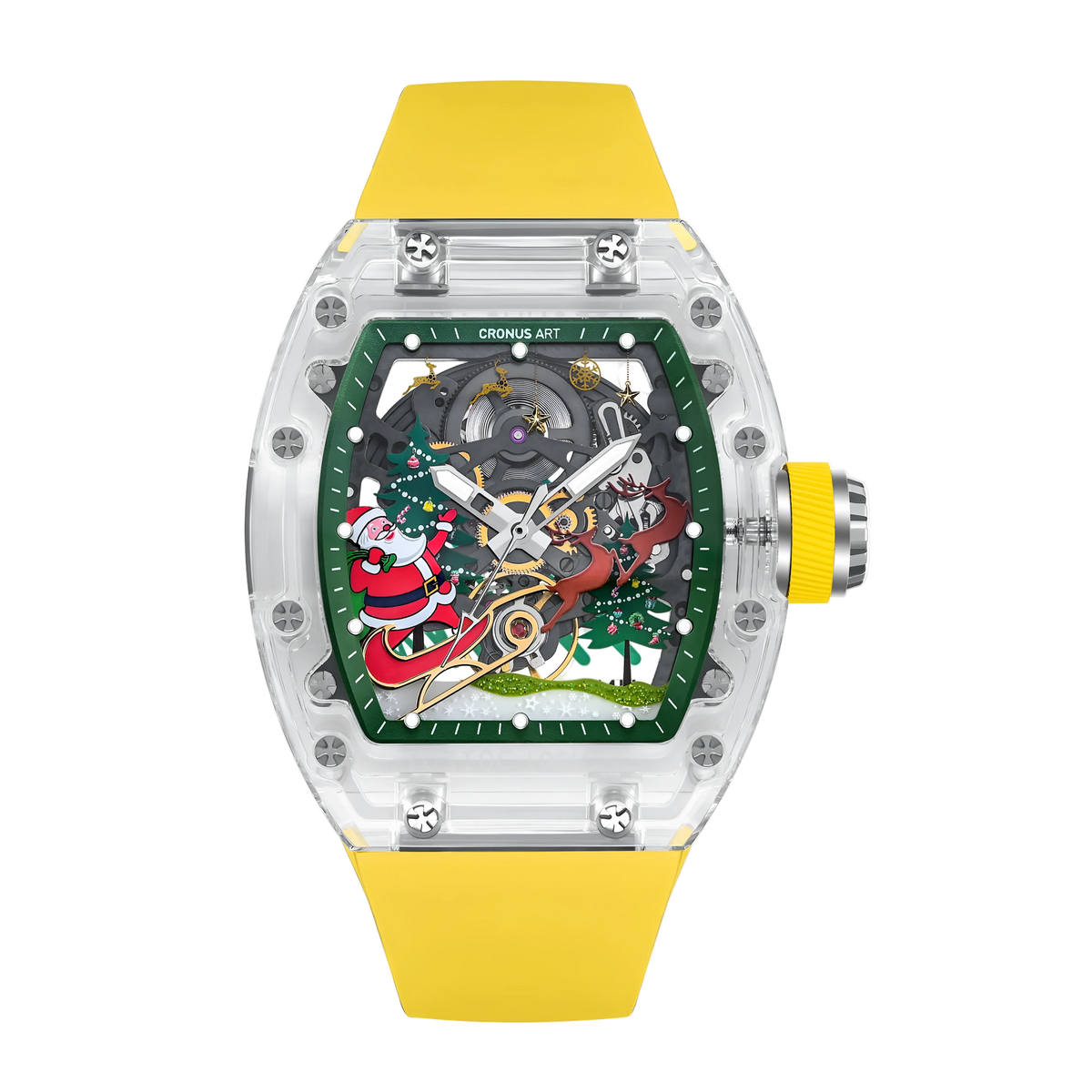 Cronusart CM001-M - Transparent automatic watch Christmas edition with festive skeleton dial and yellow strap