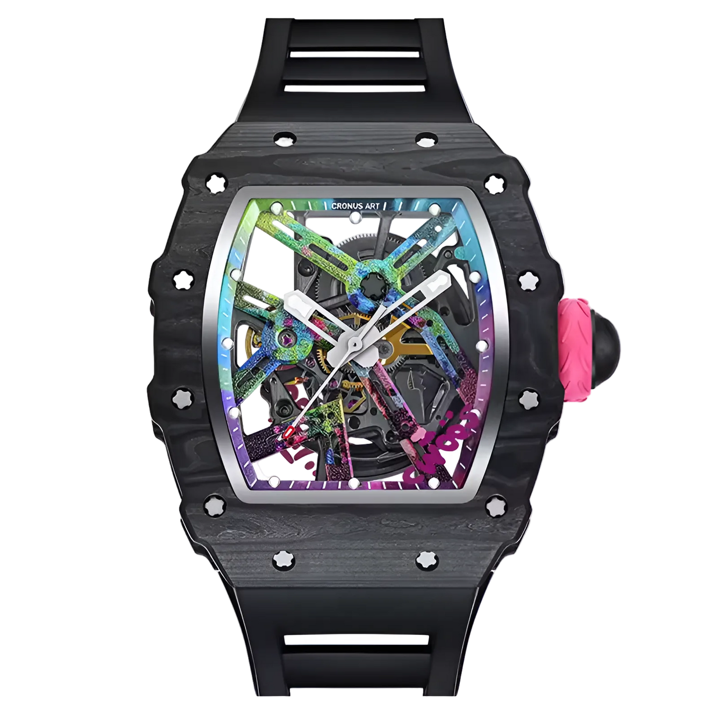 Cronusart CM002-017 men automatic watch with NTPT carbon tonneau case, skeleton dial with graffiti black high-beat mechanical movement and fluororubber strap