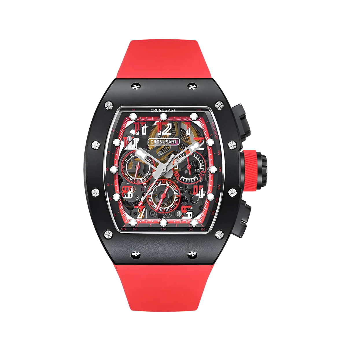Cronusart CM002-01X - Tonneau automatic chronograph watch with black carbon steel case, skeleton dial, red accents and red rubber strap, front view on white background